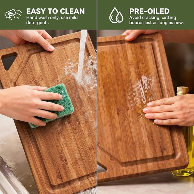 Bamboo Cutting Boards for Kitchen, [Set of 3] Wood Cutting Boards with Deep Juice Grooves, Built-in Handles & Holder, Charcuterie board & Chopping board for Meat, Vegetables and Fruits,Brown