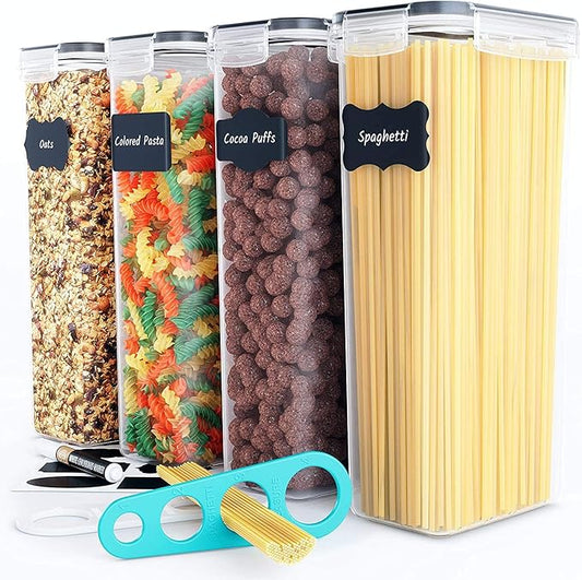 Chef's Path Airtight Food Storage Containers (Set of 4, 2.8L) - Tall for Pantry & Kitchen Organization, Pasta, Spaghetti, Noodles, Cereal - Lids, Noodle Measure and Reusable Labels Included