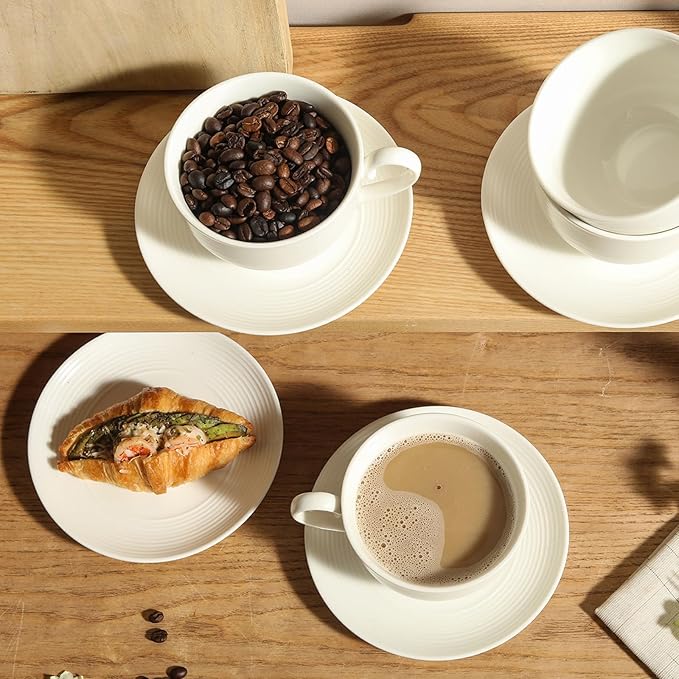 10OZ Ceramic Cappuccino Cups Set with Saucers, Porcelain White Espresso Coffee Cup Sets for Tea, Latter, Mocha, Cocoa, Dishwasher Safe, Gift for Anniversary or Holiday (4PCS) ﻿ ﻿