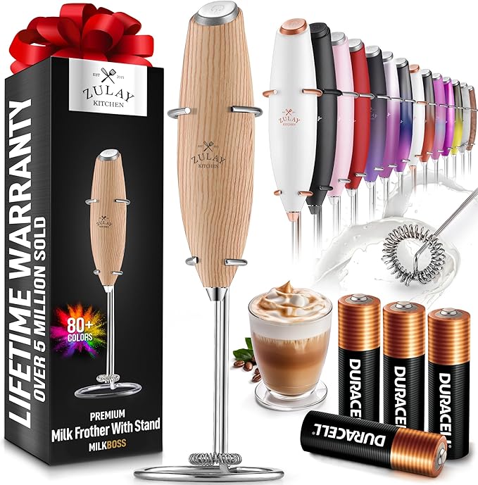 Zulay Kitchen Powerful Milk Frother Wand With 4 AA Duracell Batteries - Ultra Fast Handheld Drink Mixer - Electric Whisk Foam Maker for Coffee, Lattes, Cappuccino, Matcha & Creamer