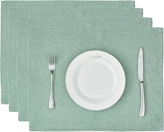BALCONY & FALCON Placemats Set of 4 Faux Linen Cloth Place Mats Washable Waterproof Wrinkle Resistant Table Placemats for Dining Kitchen Farmhouse Indoor & Outdoor Use(Celadon Green, 13.8”x 17.7”
