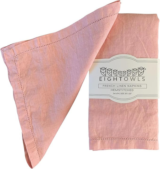 Hemstitched Linen Napkins – 20 Inch x 20 Inch – Stonewashed Pure Linen Cloth Dinner Napkins with Mitered Corners - 100% French Flax – Machine Washable - Set of 4 (Blush Pink)