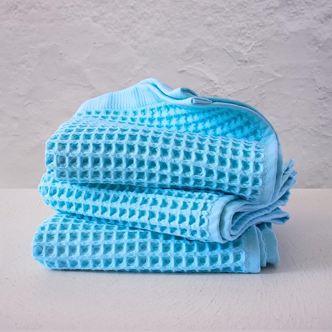 PÜSKÜL Organic Waffle Kitchen Towel 100% Turkish Cotton Set of 3 Turquoise - Premium Quality, Soft, Quick-Dry, Absorbent, Lint-Free Hand Towels 32X16 Inches (3, Turquoise)