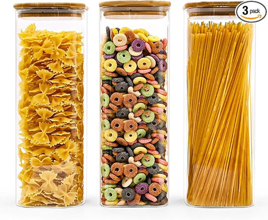 Glass Pasta Storage Jars Square 73oz, 3 Pack Glass Jars With Bamboo Lids, Tall Kitchen Storage Containers For Pasta, Storage For Pantry Organizers