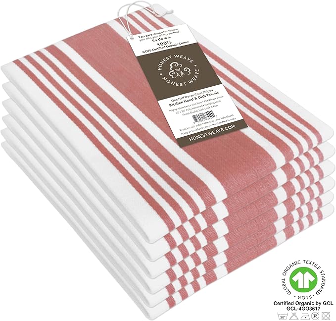 GOTS Certified Organic Cotton Kitchen Hand and Dish Towel Sets - Oversized 20x30 inches, Fully Hemmed, in Designer Colors, 6-Pack, Coral Stripe