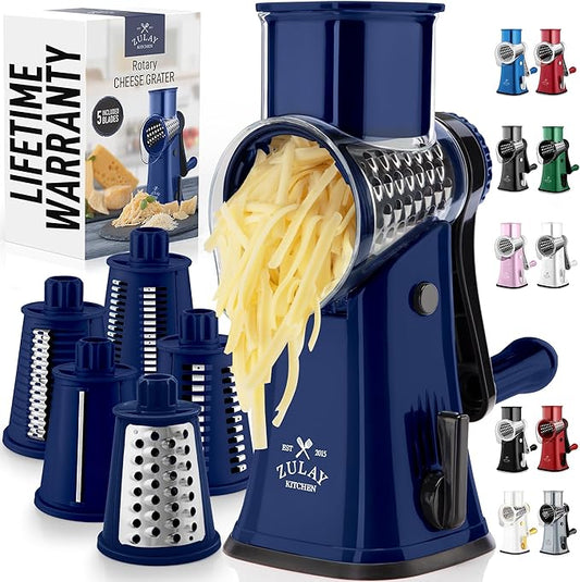 Zulay Kitchen Rotary Cheese Grater 5 Blade Cheese Shredder - Manual Hand Crank Cheese Grater With Reinforced Suction & 5 Interchangeable Drums - Easy to Use, Vegetable Chopper Round Mandoline Slicer