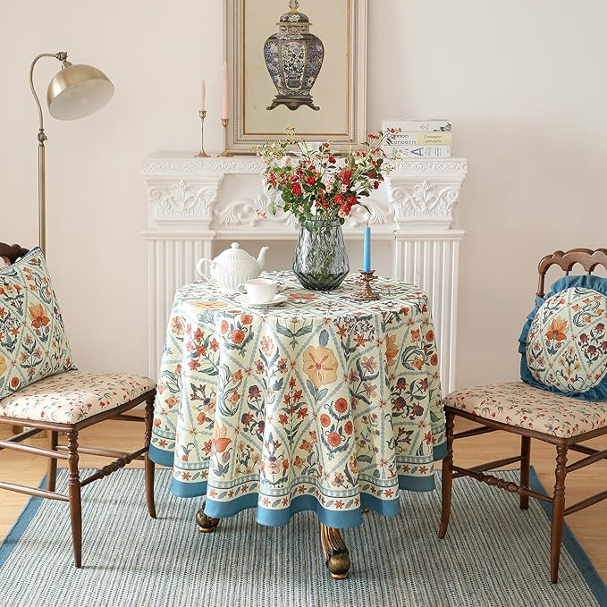 French Tablecloth for Round Tables,Linen Table Cloth with Colorful Flowers and Leaves Pattern,Heavy Durable Table Cover for Dining Thanksgiving Kitchen Decor Party Christmas,55"*55"