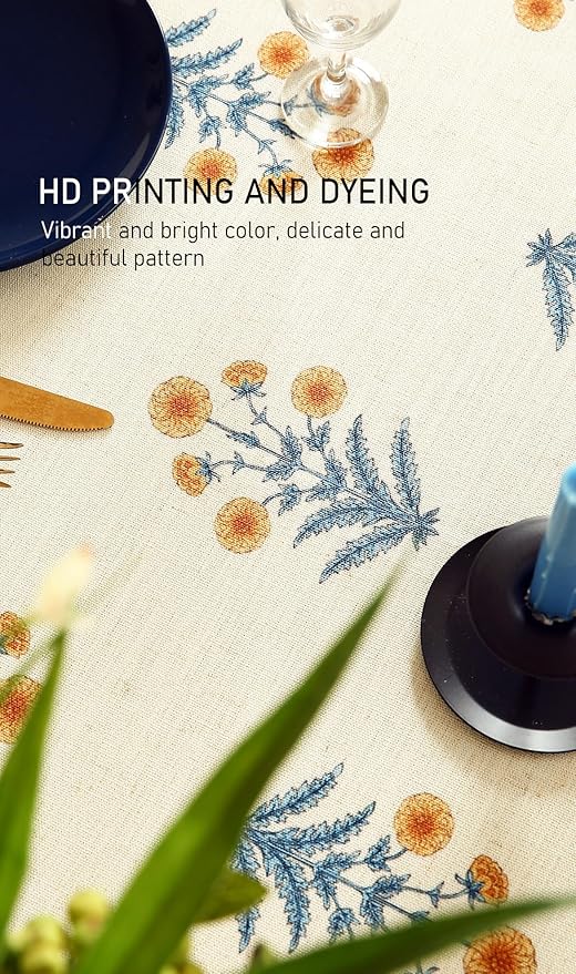 French Tablecloth for Square Tables,Linen Table Cloth with Yellow Flowers and Leavs Pattern,Heavy Durable Table Cover for Dining Thanksgiving Kitchen Decor Party Christmas,55"*55"