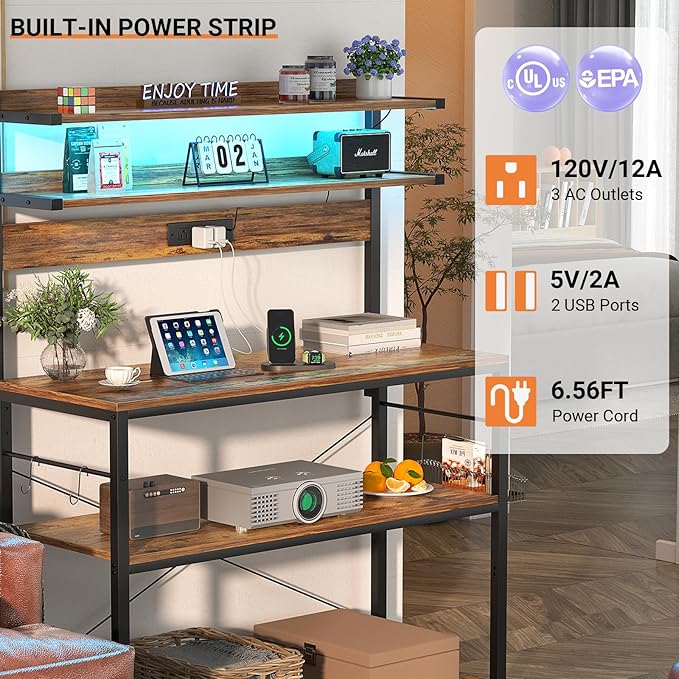 Aheaplus Bakers Rack with Power Outlet, Microwave Stand, 5 Tiers Coffee Bar Station with Led Lights, Kitchen Storage Shelf with 6 S-Shaped Hooks, Kitchen Rack Coffee Bar Stand, Rustic Brown