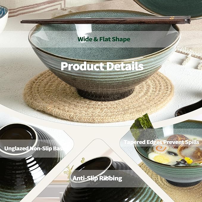 40 oz Ceramic Ramen Bowl Set of 2, Ramen Noodle Bowl with Spoons and Chopsticks 8 Inch Japanese Retro Style Large Soup, Pho, Udon Bowls, Microwave & Dishwasher Safe, Green