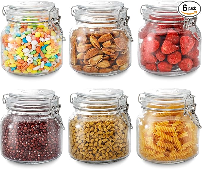 25oz Airtight Glass Jars with Lids, Set of 6 Food Storage Containers & Canisters, Clear Mason Jars with Clamp Seal for Canning, Cereal, Coffee, Pasta, Sugar, Beans & Spices