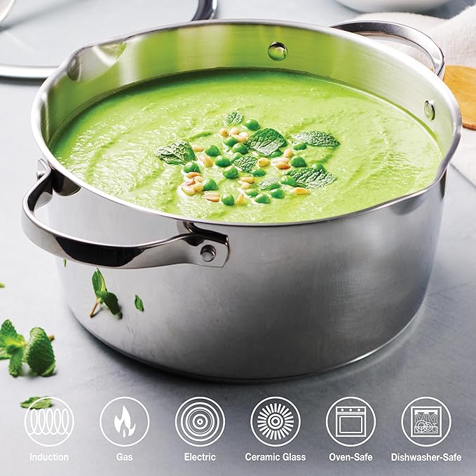 Tramontina Tempo Tri-Ply Base Stainless Steel 5-Quart Dutch Oven Pot with Glass Lid, Induction-Ready, Oven-Safe, Dishwasher-Safe