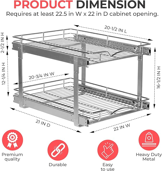 HOLDN’ STORAGE Two Tier Pull Out Cabinet Organizer, Individual Sliding Drawers - Heavy Duty Metal with Lifetime Limited Warranty - Anti Rust Chrome Finish - 22.5" W x 21”D x 16.5" H