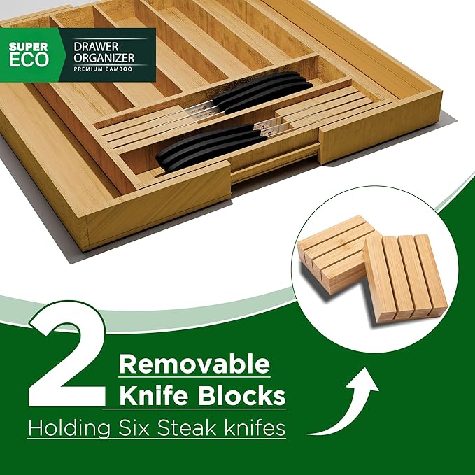 Bamboo Kitchen Drawer Organizer - Bamboo Expandable Drawer Organizer Utensil Holder & Cutlery Tray - Adjustable Wood Drawer Dividers Organizer for Silverware, Flatware, Knives (9 Slot)