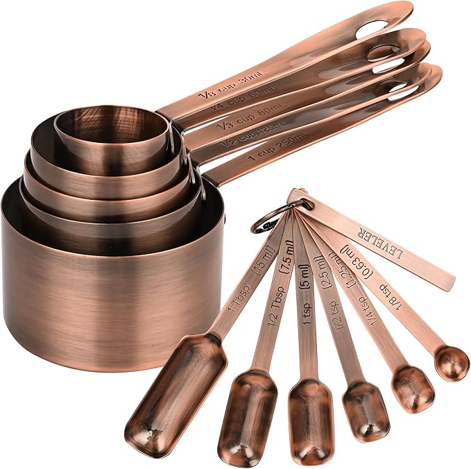 Copper Measuring Cups and Spoons Set, Stainless Steel Measuring Cups and Spoons Set 12, Metal Measuring Cups Set, 5 Copper Measuring Cup Set and 6 Copper Measuring Spoons &Leveler for Kitchen