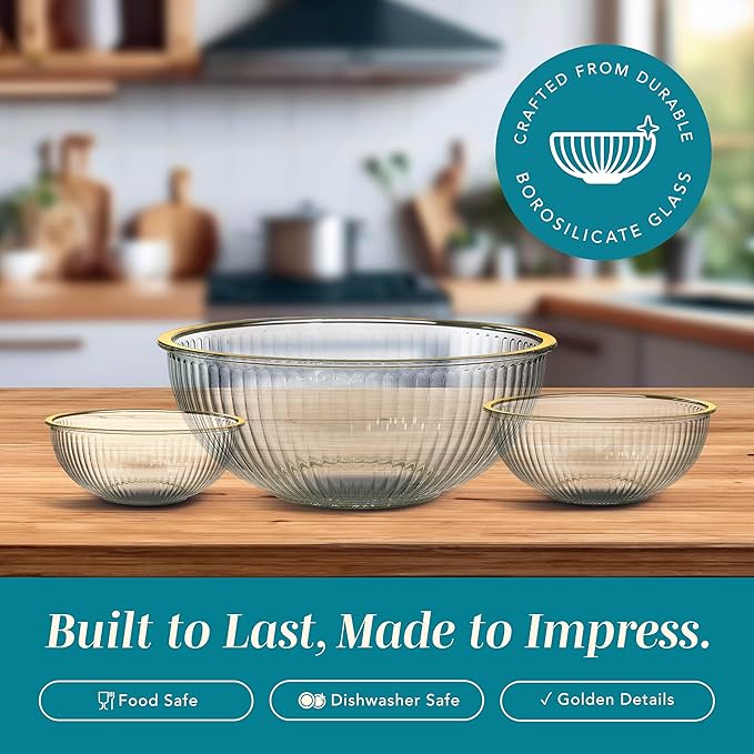 COOK WITH COLOR 12 Pc Glass Mixing Bowl Set with Lids – Borosilicate Glass Nesting Bowls for Cooking, Baking and Meal Prep, Fluted with Gold Rim