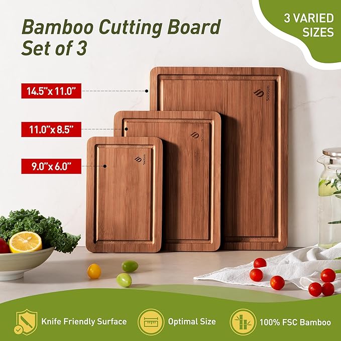 3 Packs Bamboo Cutting Board Set with Non Slip Feet and Over Sink Nice Solid Thick Wood Juice Groove Chopping Board Extra Large Big Small Best Hardwood Kitchen Counter Organic Vegetable