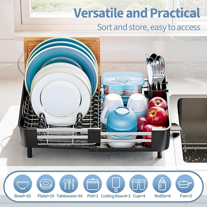 Dish Drying Rack for Kitchen Counter, Extendable Dish Rack with Drainboard, Collapsible Dish Drainer, Expandable Dish Strainer with Cutlery Holder, Foldable Home Countertop Plate Storage Rack, Black