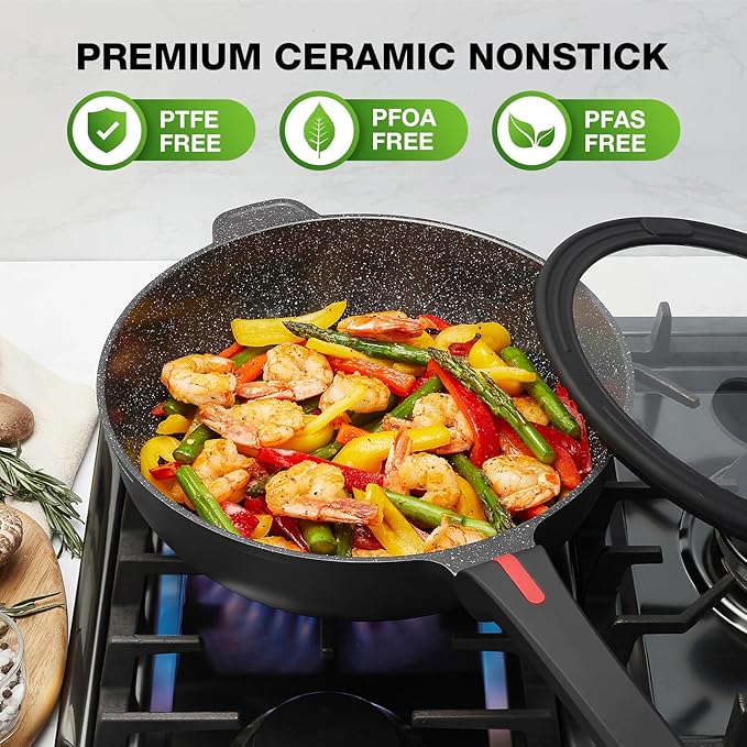 PekGema Nonstick Deep Frying Pan Skillet, Ceramic 12 Inch/4.5 Quart Saute Pan With Lid, Induction Pan, Healthy Non Toxic Cooking Pan With Helper Handle, PFOA PTFE FREE, Black