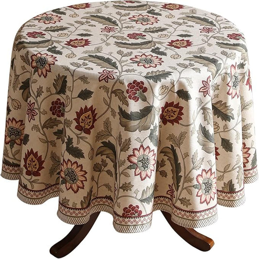 French Tablecloth for Round Tables,Linen Table Cloth with Red Flowers Pattern,Heavy Durable Table Cover for Dining Thanksgiving Kitchen Decor Party Christmas,Diameter 67"