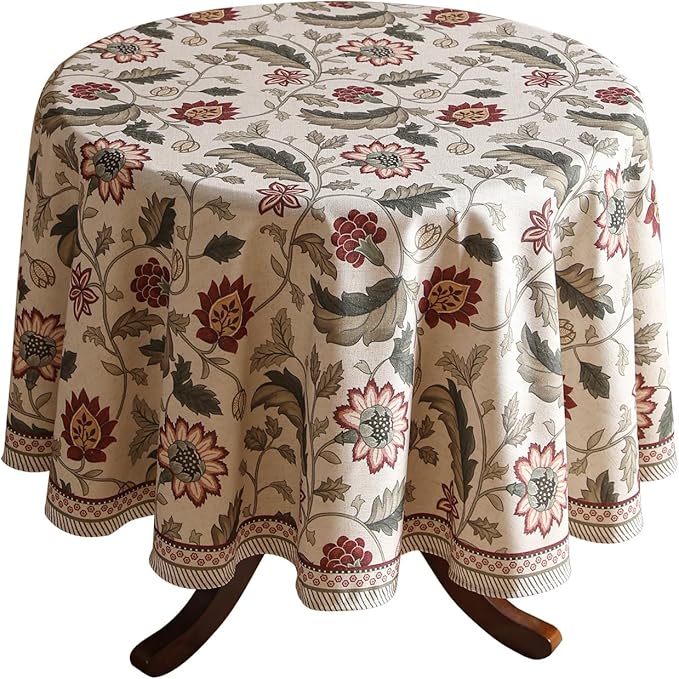 French Tablecloth for Round Tables,Linen Table Cloth with Red Flowers Pattern,Heavy Durable Table Cover for Dining Thanksgiving Kitchen Decor Party Christmas,Diameter 55"