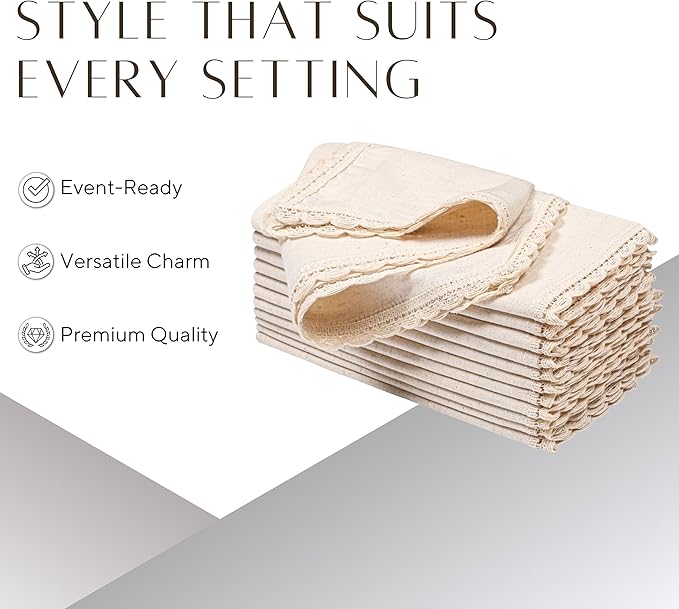 Ramanta Home Natural Coth Dinner Napkin Set of 12 Premium Cotton 20X20 Inch Oversized Linen Flax Lace Soft & Durable Washable Ideal for Everyday Use Parties Thanksgiving Christmas Halloween