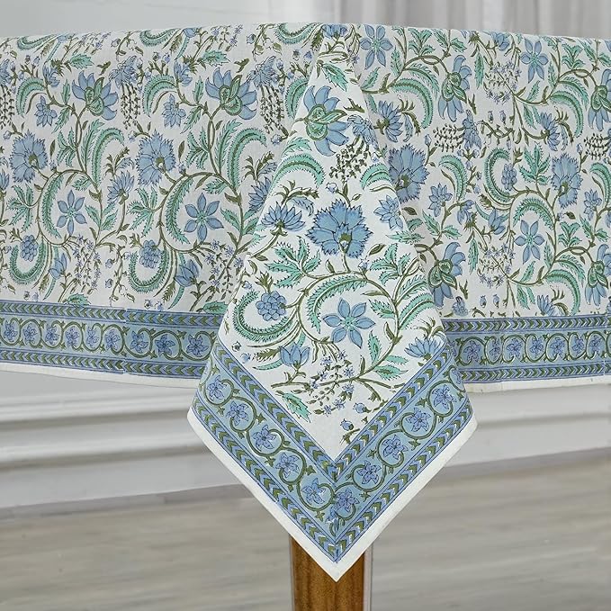 Ridhi Columbia Blue Hand Block Print Cotton Rectangle Tablecloth 120 x 80 inches Reusable Table Cover Decorative Everyday Use for Dining Room, Farmhouse, Home, Party, Festive & Wedding, Fall