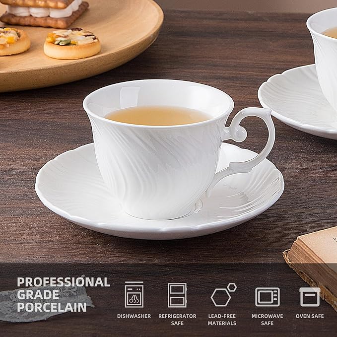 Tea Cups Set Of 4, Tea Cup And Saucer Set,6oz for Tea,Coffee, Latte, Cafe Mocha, Porcelain Tea Party Set (Pure white set of 4)