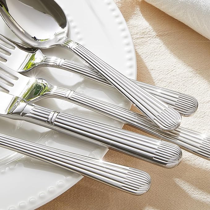 KINGSTONE 60-Piece Silverware Set, 18/10 Stainless Steel Flatware Set - Luxury Elegant Striped Cutlery with Dishwasher Safe, Durable for Family Dining, Catering, Weddings, Anniversaries Gift