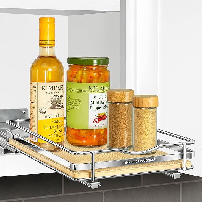 LYNK PROFESSIONAL® Élite™ Pull Out Spice Rack Organizer for Inside Kitchen Cabinets - 8-3/8 inch Wide - Slide Out Drawer – Wood/Chrome Sliding Spice Cabinet Organization Shelf Racks - 1 Tier