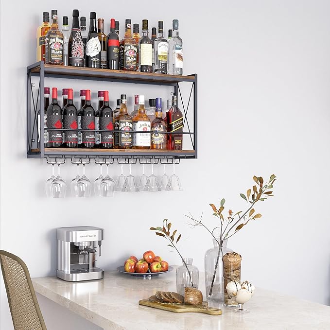 Dokser Wine Rack Wall Mounted Shelf - 2 Tier, Rustic Wood & Industrial Iron Frame Wine Bottle Holder for Kitchen, Dining Room, Home Bar Decor (Brown)