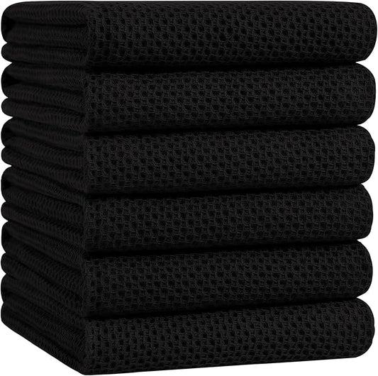 Homaxy 100% Cotton Oversized Waffle Weave Kitchen Dish Towels, Ultra Soft Absorbent Quick Drying Cleaning Towel, 20 x 28 Inches, 6-Pack, Black