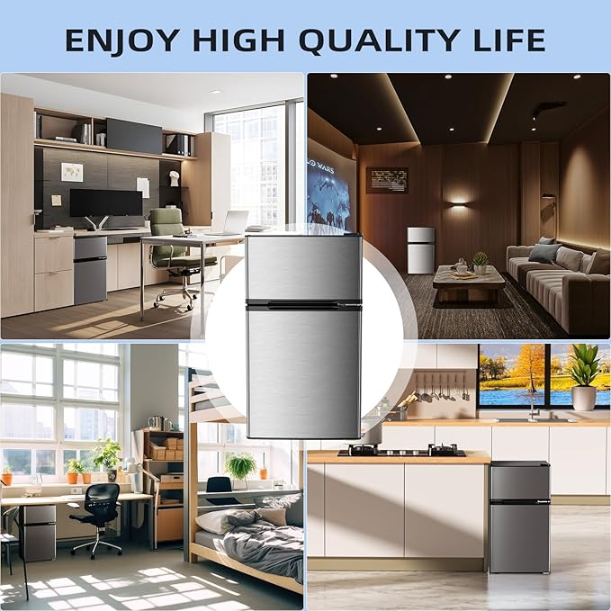 Antarctic Star 3.2 Cu.Ft,Mini Refrigerator with Freezer,Double Door Mini Fridge,Compact Refrigerator,Adjustable Thermostat,Mini Refrigerator for Bedroom/Office/Dorm/Kitchen(Silver)