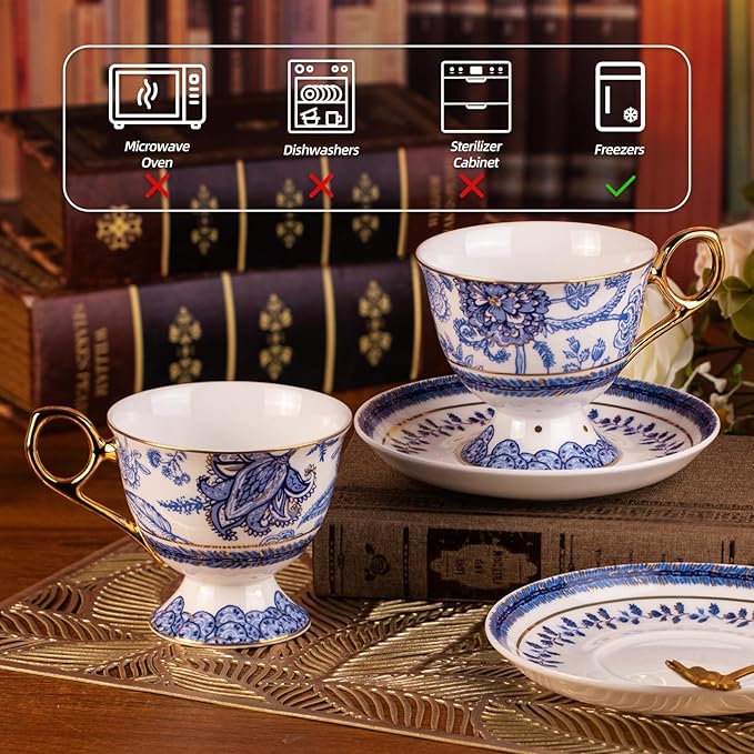 KAMMAK Tea Cups and Saucers Set of 2, Fine Bone China Coffee Cups, 8.5-Ounce Stackable Espresso Mugs, Ceramic Demitasse for Coffee, Cappuccino, Latte, Americano, Tea, Tall Navy