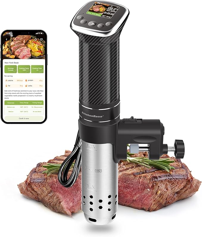 KitchenBoss Wifi Sous Vide Cooker: Sous Vide Machine Ultra-quiet 1100W Precision Cooking Machine Built-in TFT Recipes, IPX7 Waterproof Immersion Circulator Precise Temperature Control, Carbon Black