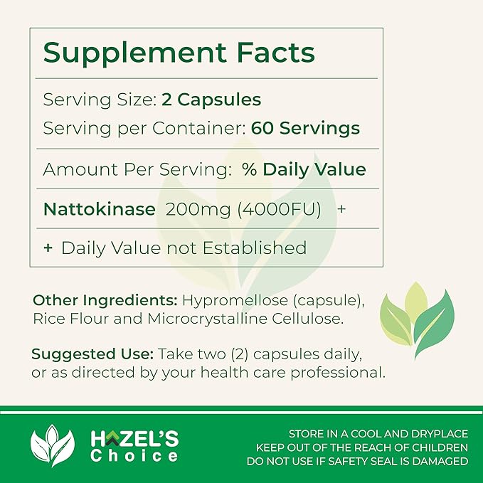 HAZEL'S Choice Nattokinase 4,000 FU – 120 Capsules – 200MG Per Capsule – Maximum Activity FU Enzyme – Dietary Supplement – Non-GMO & Gluten-Free