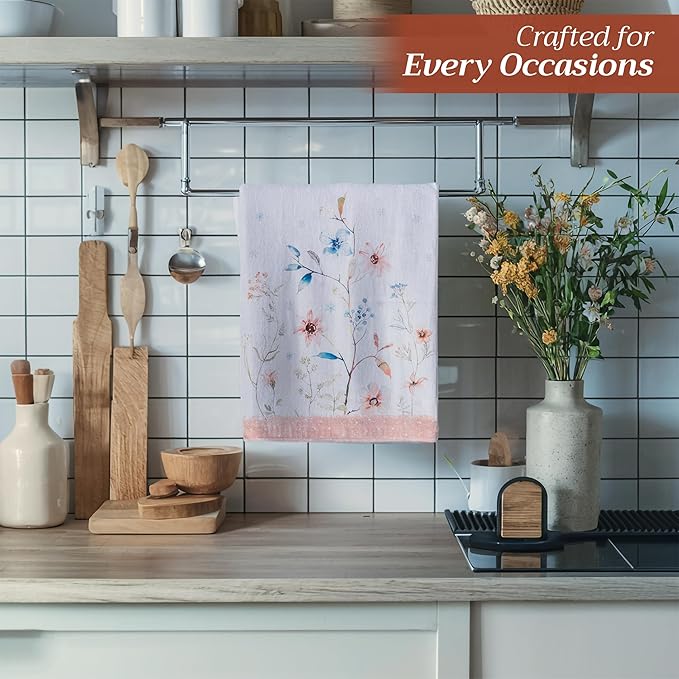 Maison d' Hermine Kitchen Towels Set of 3 100% Cotton 20" x 27.5" Reusable Cloth Tea Dish Towels Absorbent with Hanging Loop for Kitchen Dining Thanksgiving Christmas Decorations (Ice Florals)