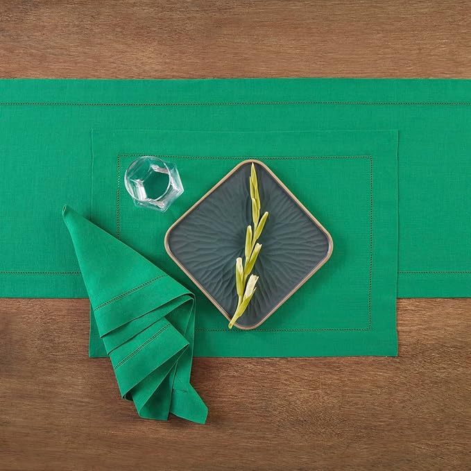 Solino Home Linen Cloth Placemats Set of 4-100% Pure Linen Hemstitch Emerald Green Placemats 14 x 19 Inch - Classic Hemstitch Table Place Mats for Christmas