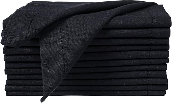 Bedding Craft Cloth Dinner Napkins Set of 12 – 18x18 Jet Black Linen-Look Hemstitched – Reusable Machine Washable Fabric Napkins for Weddings, Events & Everyday Dining