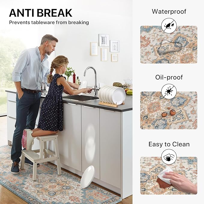 GENIMO Kitchen Mats for Floor 2PCs, Washable Anti Fatigue Mat for Cushioned, 17.3"x47"+17.3"x30", Waterproof Kitchen Rugs, Non Slip Comfort Standing Mat Rug for Home, Sink, Laundry, Blue&Salmon