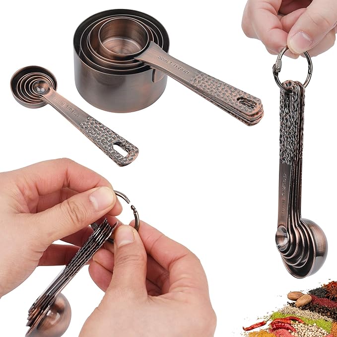 Smithcraft Copper Measuring Cups and Spoons Set 14, Stainless Steel Measuring Cups and Spoons for Baking&Kitchen, Metal Metric&US Dry&Liquid 5 Measure Cups & 6 Spoons with Leveler&Conversion Chart