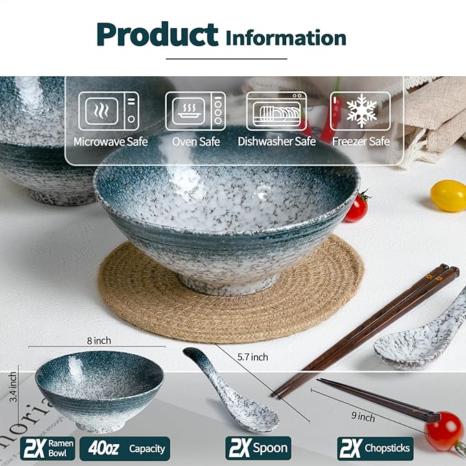 34 oz Ceramic Ramen Bowl Set of 2, Ramen Noodle Bowl with Spoons and Chopsticks 8 Inch (Stone)