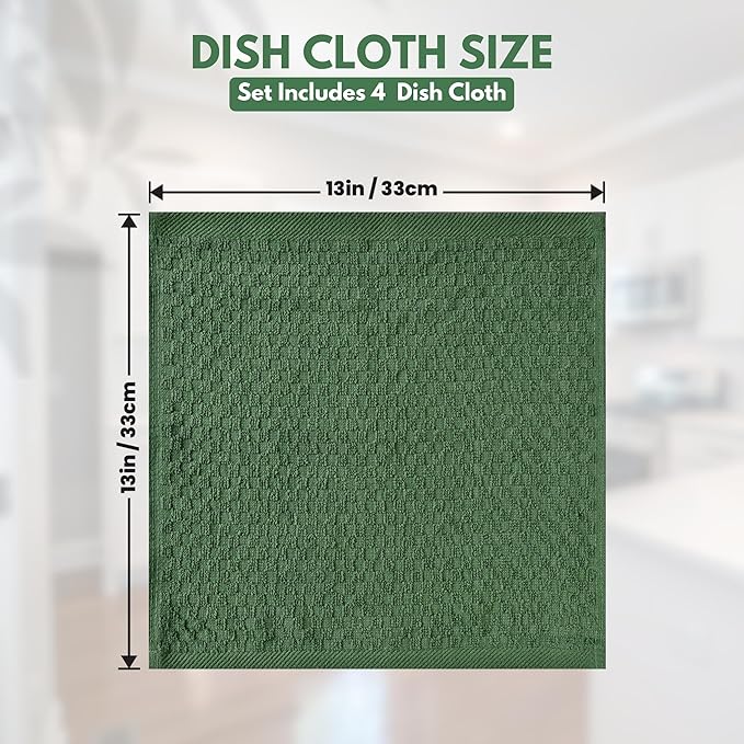 Infinitee Xclusives Premium Dish Cloth 100% Cotton 12 x 12 Inches |Pack of 4|-Ultra Soft Tea Towels-Highly Absorbent Kitchen Rags-Terry Dishcloth for Kitchen and Household Cleaning |Sturdy Green|