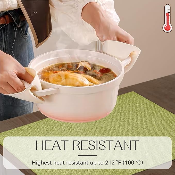 Romanstile Cloth Placemats Set of 4-12 x 18 Inch, Heat Resistant Double Layered Thickened Burlap Place Mats, Washable Faux Linen Farmhouse Table Mats for Kitchen/Dining/Party/Outdoor, Green