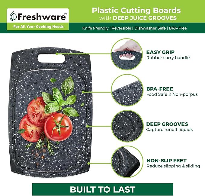 Plastic Cutting Boards for Kitchen, Cutting Board Set of 3, Juice Grooves with Easy Grip Handle, BPA-Free, Non-Porous, Dishwasher Safe, Black Marble