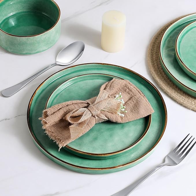 LIANYU Dinnerware Dish Sets for 4, 12 Piece Plates and Bowls Dinner Set, Stoneware Dish Tableware for Dessert Salad Pasta, Microwave & Dishwasher Safe, Polar White & Emerald Green