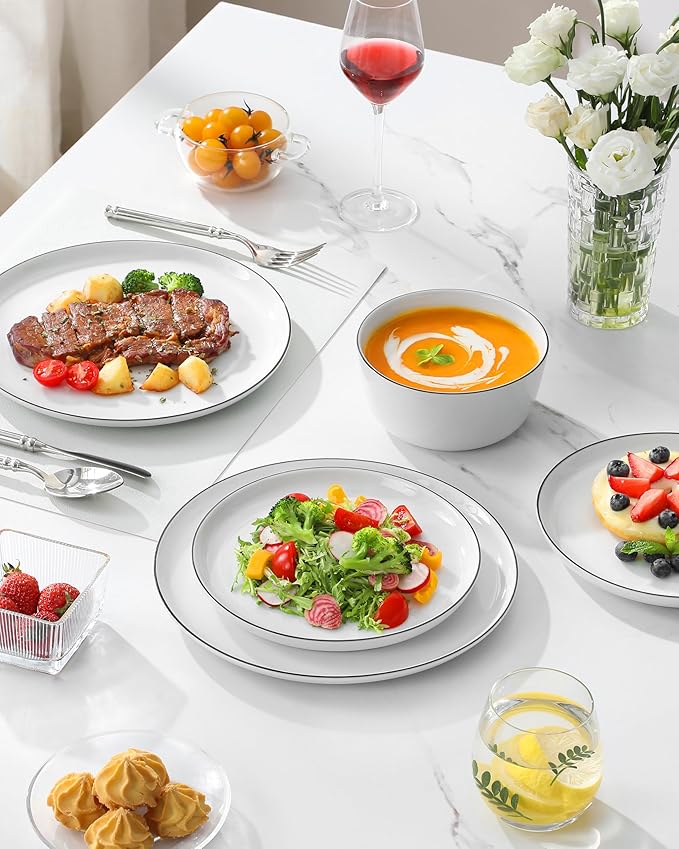 MALACASA 24 Pieces Gourmet Porcelain Dinnerware Sets, Premium Plates and Bowls Set, High-Fired Dishes Set for 8, Chip & Scratch Resistant, Microwave Dishwasher Safe, White & Black Rim, Series LEXI