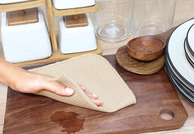 PurpleEssences Dish Cloths and Dish Rags - 8 Pack Waffle Weave Solid Kitchen Dish Wash Cloths, 100% Cotton, 12 x 12 Inches, Ultra Soft Absorbent Quick Drying - Christmas Holiday Winter - Beige