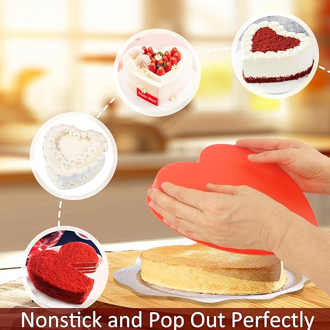 MILIVIXAY 2PCS Heart Shaped Cake Pans, 8 Inch Cake Mold, Red, Thin Style, Completely Non Stick, Food Grade Silicone, Easy To Store and Wash, Microwave, Freezer and Oven Safe.