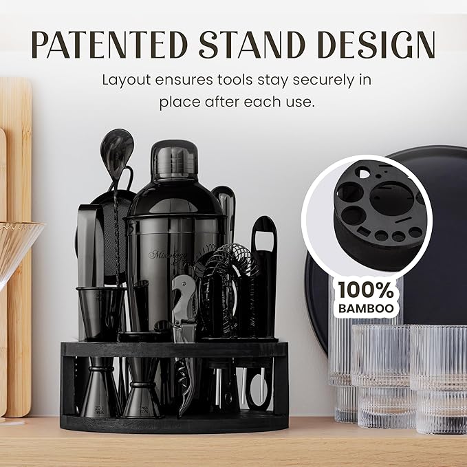 Mixology & Craft Bartender Kit – 15-Piece Cocktail Shaker Set with Bar Tools, Premium Stainless Steel Drink Mixer Accessories for Home Bar, Includes Bamboo Stand, Plus Exclusive Recipe Cards (Black)